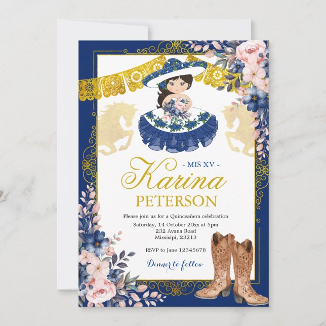 Gold Royal Blue Mis Quince Mexican Mis XV Invitation (Front)