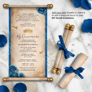 Gold Royal Blue Quinceanera DIY Scroll Invitations