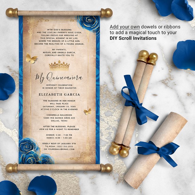 Gold Royal Blue Quinceanera DIY Scroll Invitations (DIY scrolls do not come with dowels. Add your own or roll up with a ribbon for an elegant touch!)