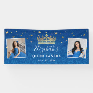 Gold Royal Blue Roses 2 Photo Birthday Quinceanera Banner