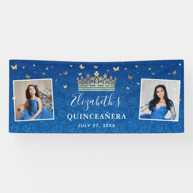 Gold Royal Blue Roses 2 Photo Birthday Quinceanera Banner (Horizontal)