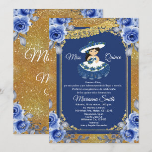 Gold Royal Blue Roses Quinceañera  Invitation