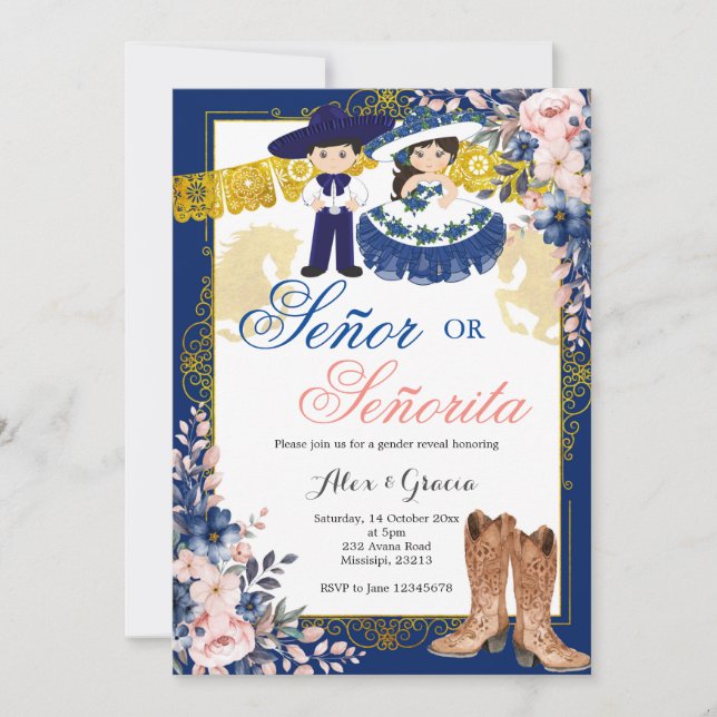 Gold Royal Blue Senor or Senorita Gender Reveal Invitation (Front)