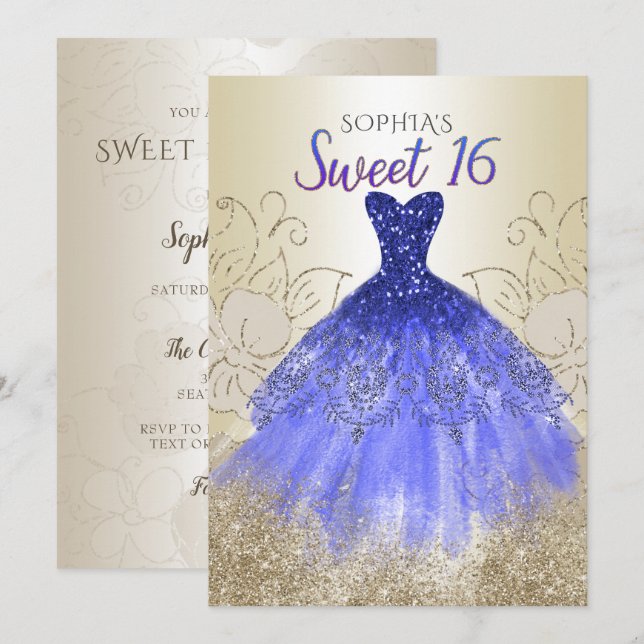 Gold Royal Blue Sparkle Dress Sweet 16  Invitation (Front/Back)