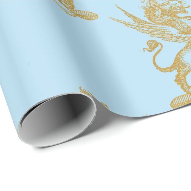 Gold Royal Calk Fairly King Blue Pastel Heraldic Wrapping Paper (Roll Corner)