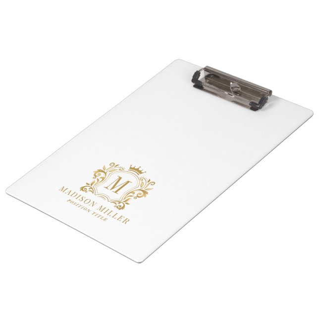 Gold Royal Crest Crown Scrolls Monogram Clipboard (Angled)