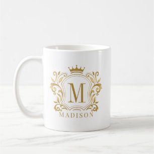 Gold Royal Crest Crown Scrolls Monogram Coffee Mug
