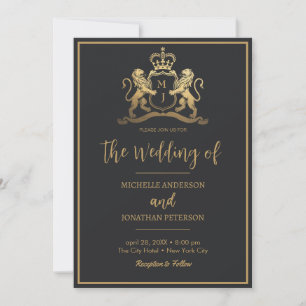 Gold Royal Crown Emblem Lions Monogram Wedding Save The Date