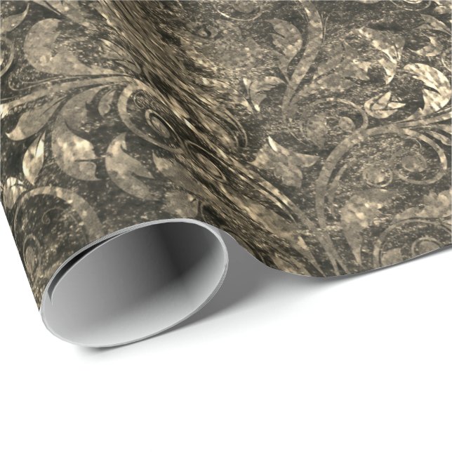 Gold Royal Damask Black Crushed  Velvet Sepia Faux Wrapping Paper (Roll Corner)