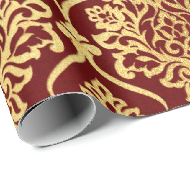 Gold Royal Damask Floral Maroon Burgundy Luxury Wrapping Paper (Roll Corner)