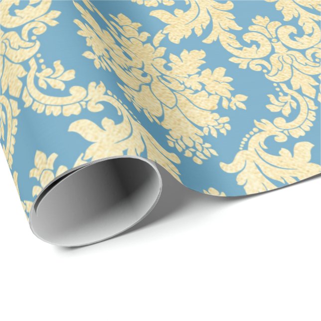 Gold Royal Damask Floral Ornament Blue Heraldic Wrapping Paper (Roll Corner)