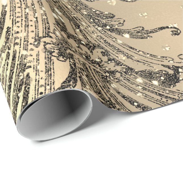 Gold Royal Damask Hearts Black French  Sepia Faux Wrapping Paper (Roll Corner)