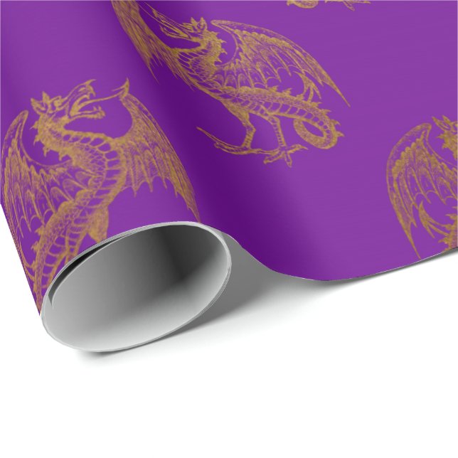 Gold Royal Dragon Fairly King Purple Plum Heraldic Wrapping Paper (Roll Corner)