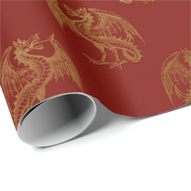 Gold Royal Dragon Fairly King Red Pastel Heraldic Wrapping Paper (Roll Corner)