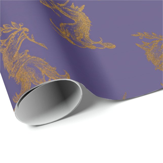 Gold Royal Fairly Sword Purple Plum Heraldic Wrapping Paper (Roll Corner)