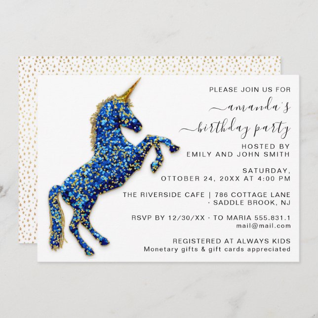 Gold Royal Glitter Unicorn Blue Horse Princess Invitation (Front/Back)