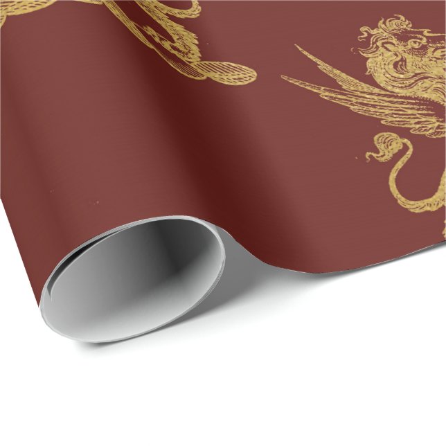 Gold Royal Lions Fairly King Maroon Red Heraldic Wrapping Paper (Roll Corner)