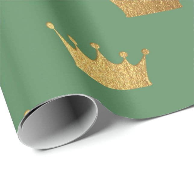 Gold Royal Mint Green King Crown Heraldic Princess Wrapping Paper (Roll Corner)