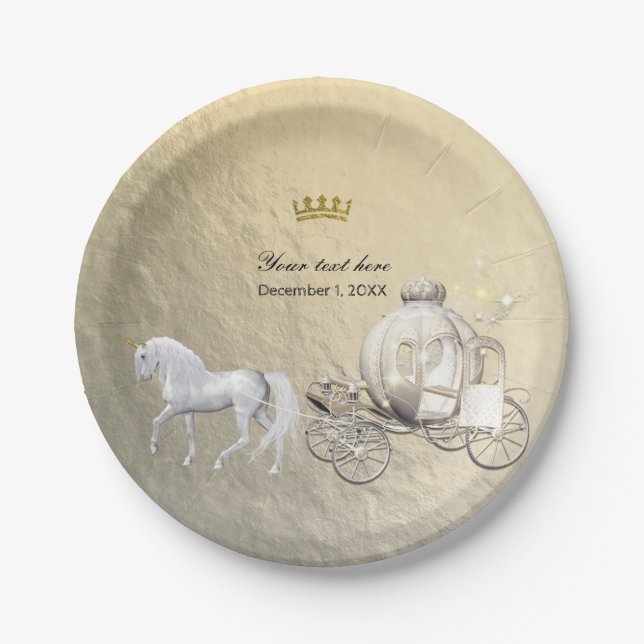 Gold Royal Princess Storybook Carriage & Unicorn Paper Plate (Front)