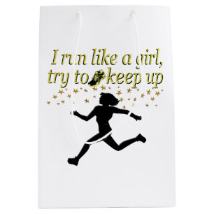 GOLD RUN LIKE A CHAMPION TRACK AND FIELD DESIGN MEDIUM GIFT BAG
