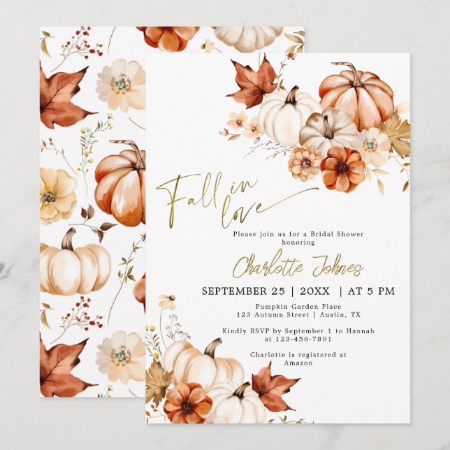 Gold Rust Fall In Love Cream Pumpkin Bridal Shower Invitation (Front/Back)
