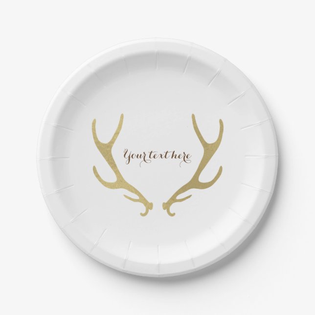 Gold Rustic Antlers Glam Wedding Reception Party Paper Plate (Front)