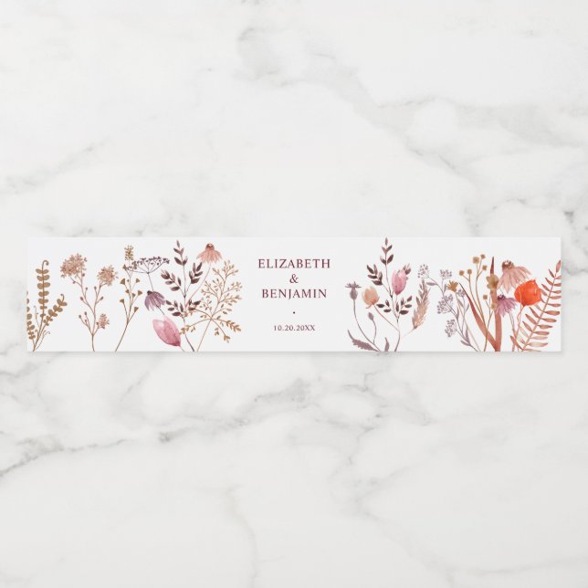 Gold Rustic Boho Chic Fall Wildflowers Elegant Water Bottle Label (Single Label)