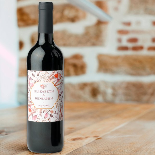 Gold Rustic Boho Chic Fall Wildflowers Wedding Wine Label (Creator Uploaded)