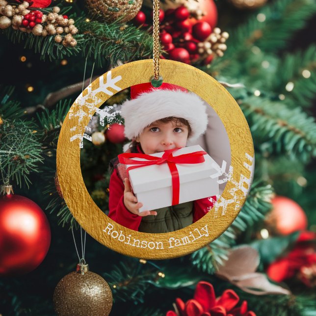 Gold Rustic Circle Photo Snowflakes Ceramic Tree Decoration (Rustic snowflake family holiday keepsake photo ornament perfect for gifts to bring joy to others.)