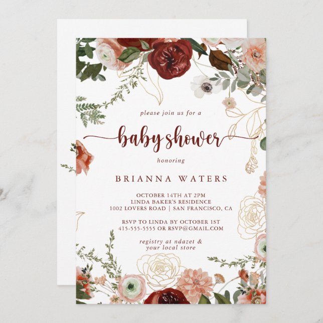 Gold Rustic Colourful Floral Baby Shower  Invitation (Front/Back)