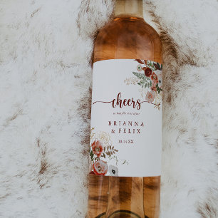 Gold Rustic Colourful Floral Cheers Wedding  Wine Label