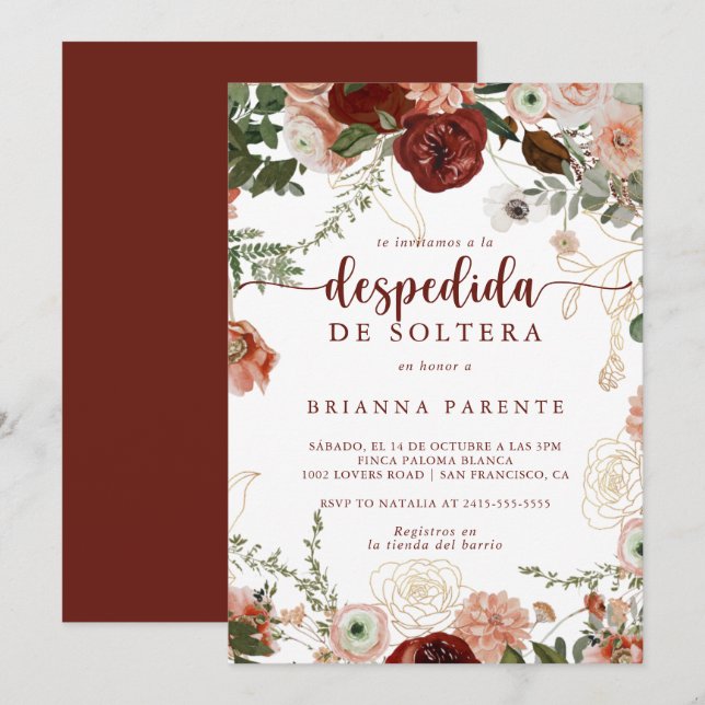 Gold Rustic Colourful Floral Spanish Bridal Shower Invitation (Front/Back)