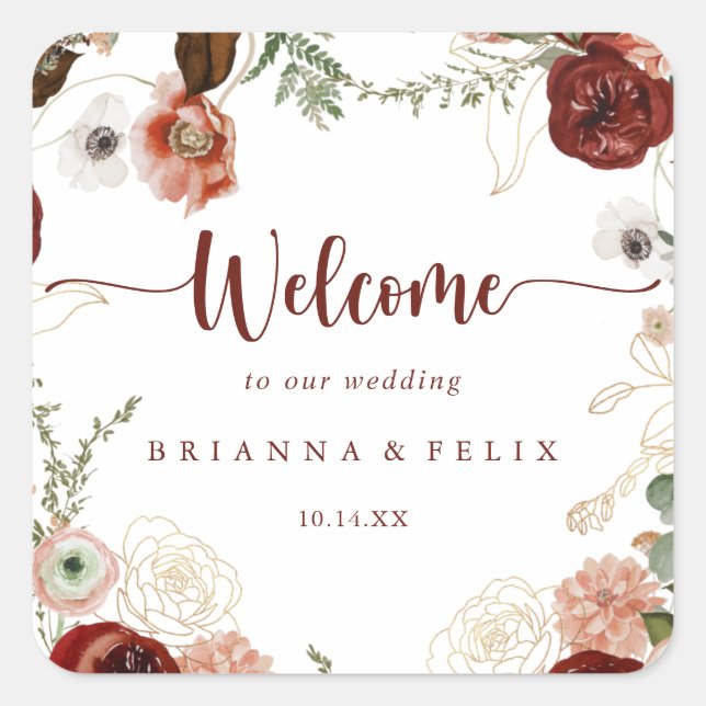Gold Rustic Colourful Floral Wedding Welcome   Square Sticker (Front)