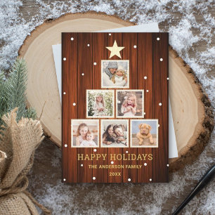 Gold   Rustic Country Wood Christmas Photo Tree Holiday Postcard