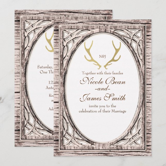 Gold Rustic Deer Antlers White Wood Invitation (Front/Back)