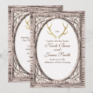 Gold Rustic Deer Antlers White Wood Invitation