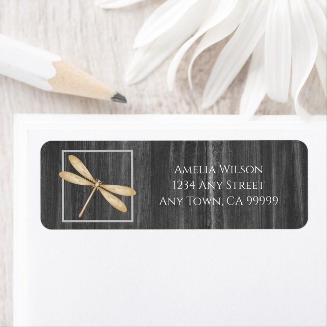 Gold Rustic Dragonfly Return Address Label (Insitu)