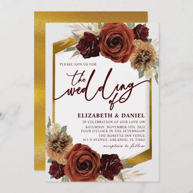 Gold Rustic Floral Pampas Grass Wedding Invitation (Front/Back)