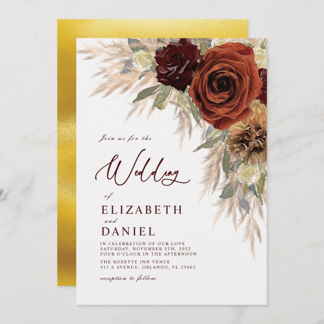 Gold Rustic Floral Pampas Grass Wedding Invitation (Front/Back)