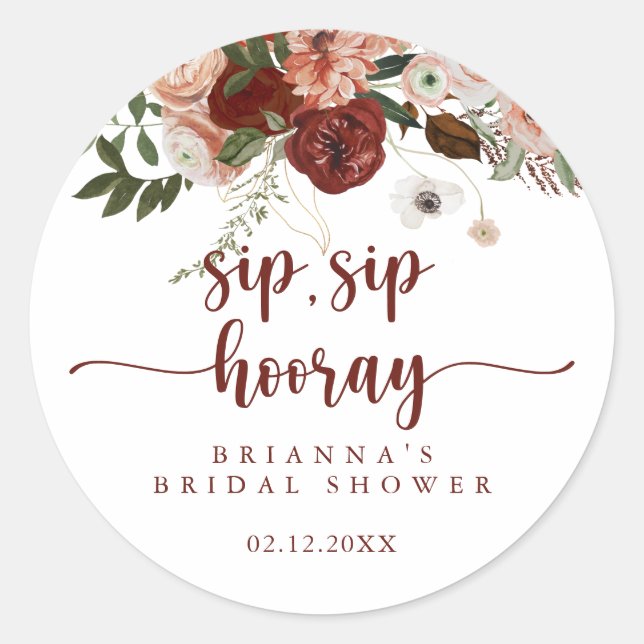 Gold Rustic Floral Sip Sip Hooray Bridal Shower   Classic Round Sticker (Front)