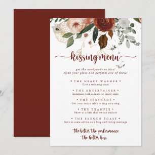 Gold Rustic Floral Wedding Kissing Menu Game Card
