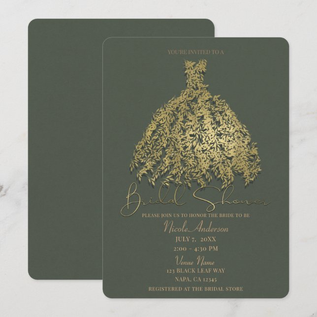 Gold & Rustic Green Botanical Dress Bridal Shower Invitation (Front/Back)