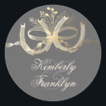 Gold Rustic Horseshoes Country Wedding Classic Round Sticker<br><div class="desc">rustic country shorseshoes couple gold foil effect wedding stickers</div>