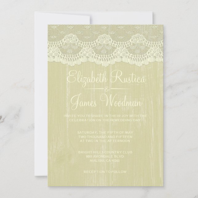 Gold Rustic Lace & Barn Wood Wedding Invitations (Front)
