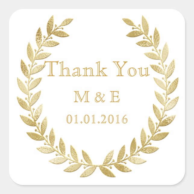Gold Rustic Laurel Wreath Personalised Thank You S Square Sticker (Front)