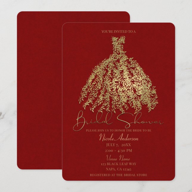 Gold & Rustic Red Botanical Dress Bridal Shower Invitation (Front/Back)