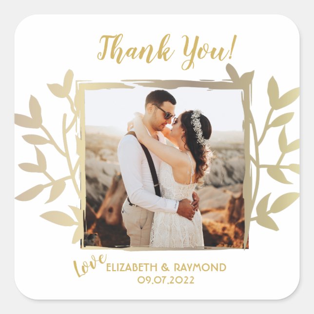 Gold Rustic Thank You Wedding Couple Photo Square Sticker (Front)