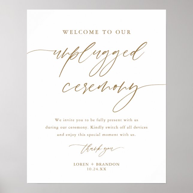 Gold Rustic Unplugged Wedding Ceremony Sign (Front)