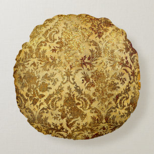 Gold,rustic,vintage,antique,damask,elegant,chic, Round Cushion