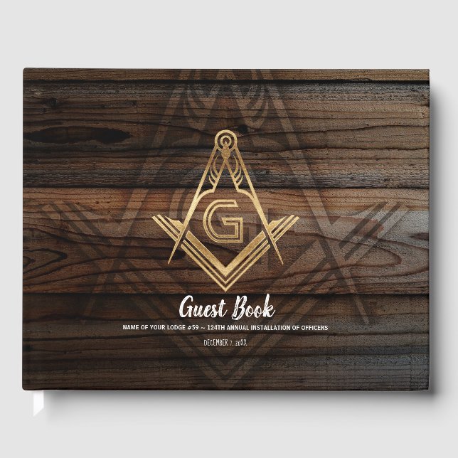 Gold Rustic Wood Masonic Guest Book | Freemason (Front)